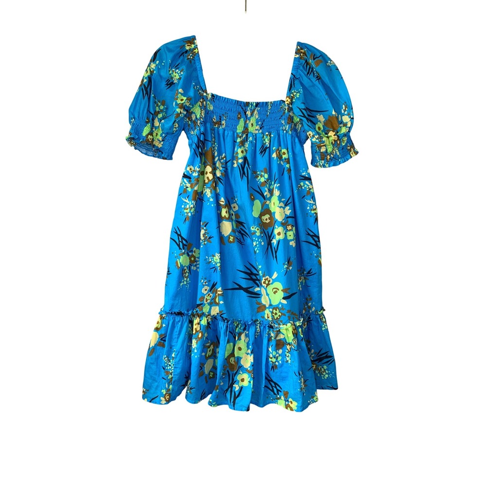 Tory Burch Blue Floral Print Ruffle Mini Dress Square Neck Puff Sleeve Size L